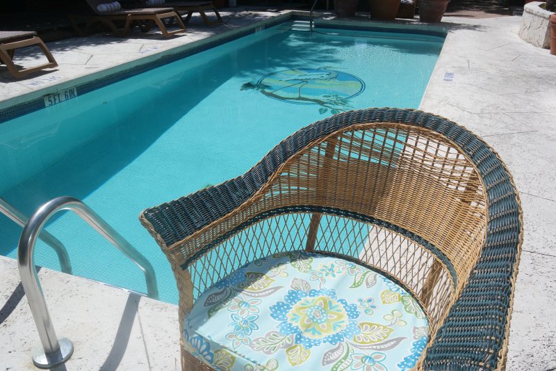 Pool with heron mosaic tile and wicker poolside chair