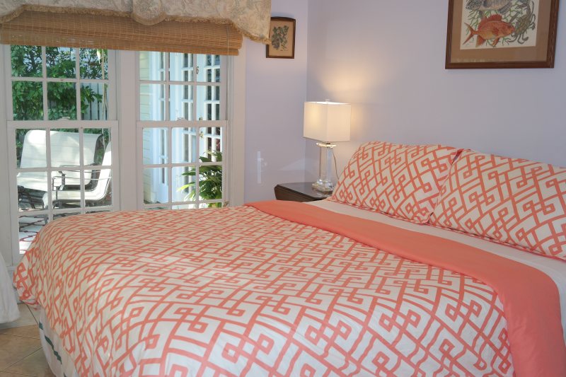 Bright room with pool courtyard view and tropical furnishings